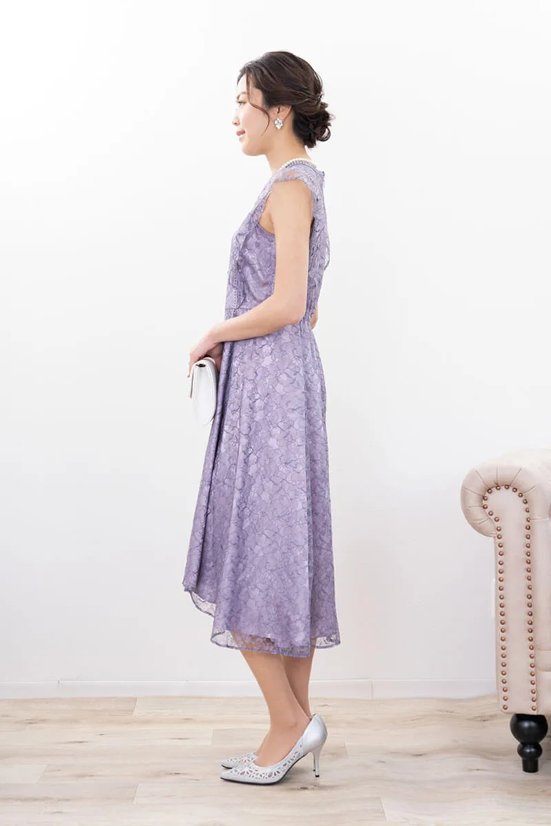 パープルのフリルスリーブレースドレス