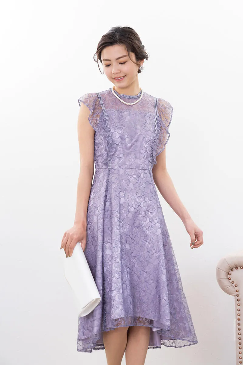 パープルのフリルスリーブレースドレス