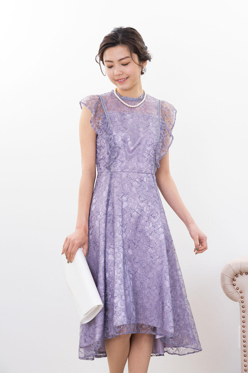 パープルのフリルスリーブレースドレス