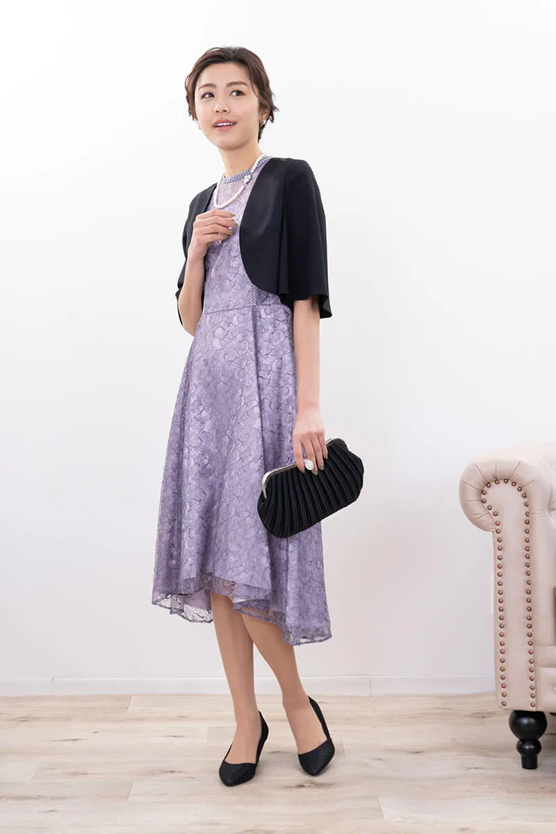 パープルのフリルスリーブレースドレス