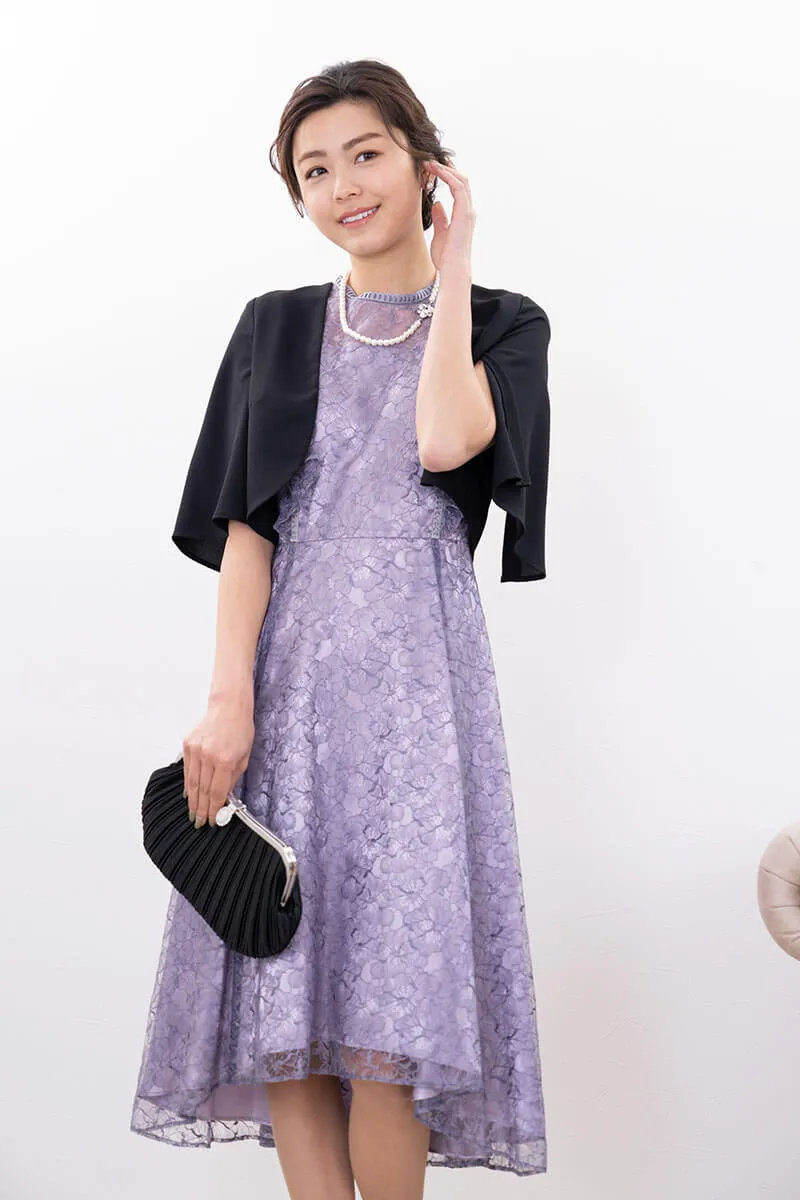 パープルのフリルスリーブレースドレス