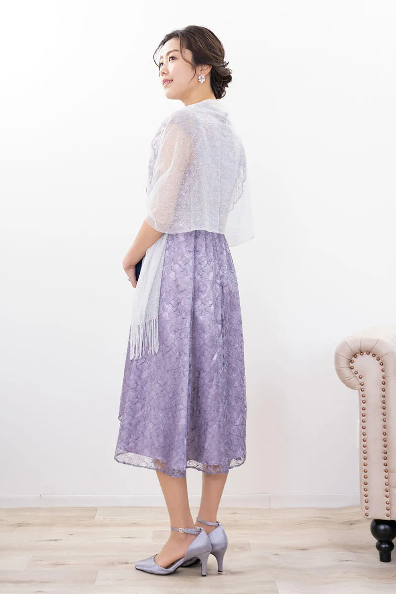 パープルのフリルスリーブレースドレス