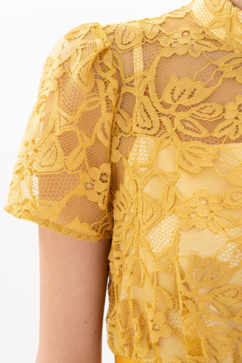 イエローのフローラルレースハイネックドレス