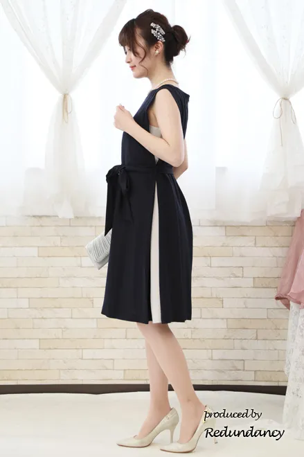 ネイビ×グレーのスリット切替ドレス