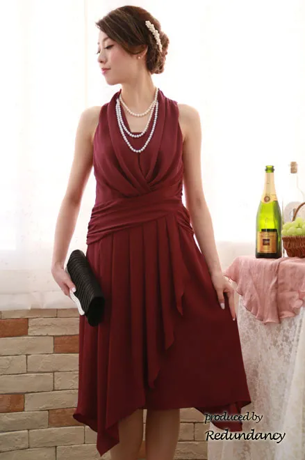 ワインレッドのフロントクロスアシンメトリードレス