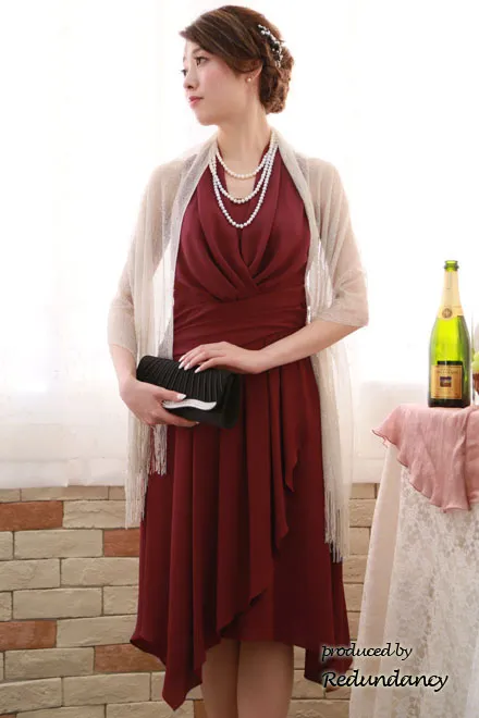 ワインレッドのフロントクロスアシンメトリードレス