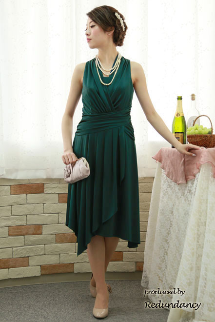 ディープグリーンのフロントクロスアシンメトリードレス