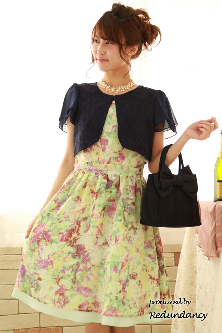 グリーンの油彩風花柄ドレスミディ丈ドレス