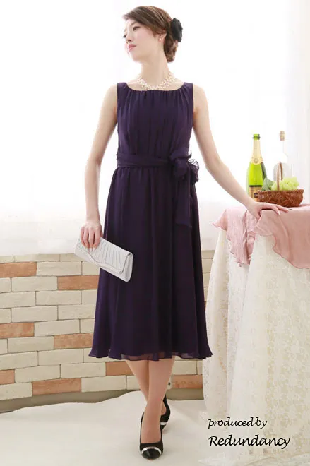 ロイヤルパープルのウエストリボンロングドレス