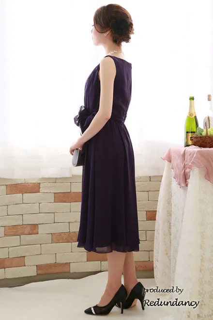 ロイヤルパープルのウエストリボンロングドレス