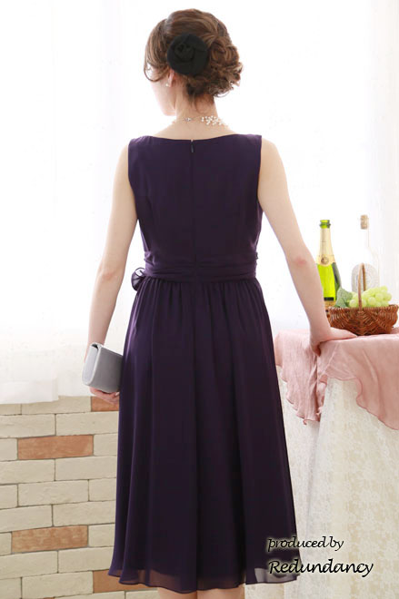 ロイヤルパープルのウエストリボンロングドレス