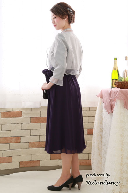 ロイヤルパープルのウエストリボンロングドレス