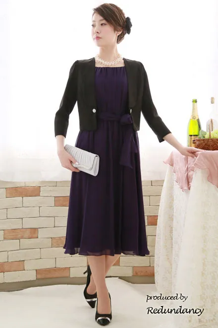 ロイヤルパープルのウエストリボンロングドレス