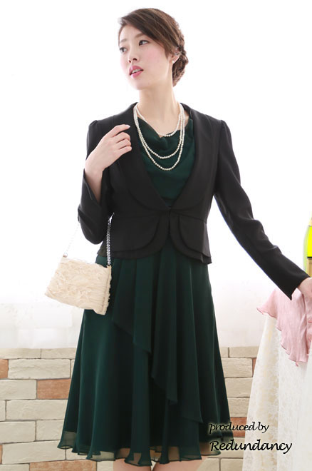 ダークグリーンの背中編み上げシフォンミモレ丈ドレス