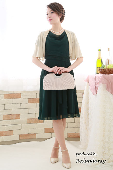 ダークグリーンの背中編み上げシフォンミモレ丈ドレス