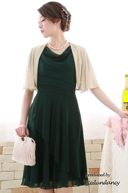 ダークグリーンの背中編み上げシフォンミモレ丈ドレス