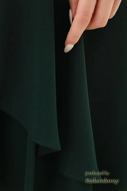 ダークグリーンの背中編み上げシフォンミモレ丈ドレス
