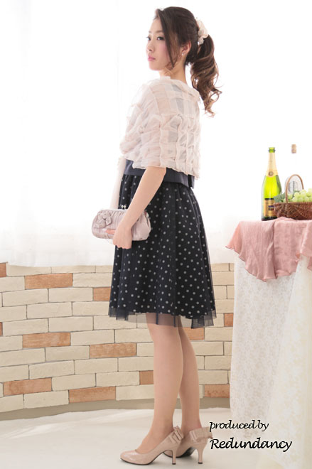 ネイビー×ブルーのドットチュールスカートドレス