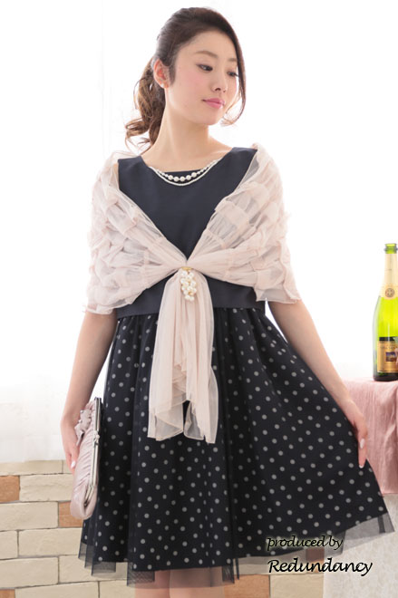 ネイビー×ブルーのドットチュールスカートドレス