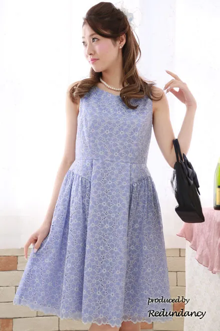 ライトブルーの花柄総レース膝丈ドレスコーディネートセット