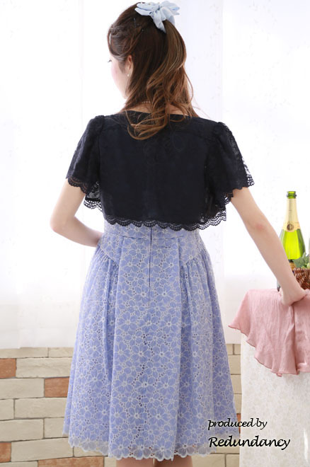 ライトブルーの花柄総レース膝丈ドレスコーディネートセット