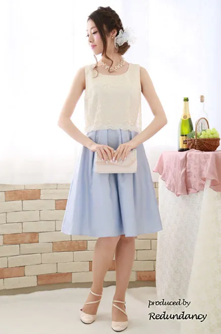 ベージュ×ブルーの切替パニエ入りドレスコーディネートセット