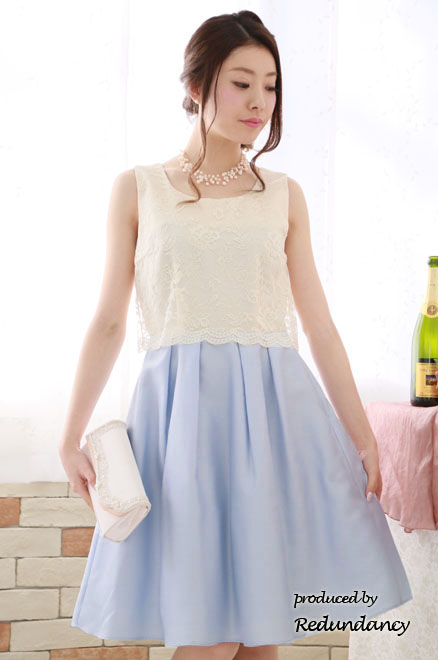 ベージュ×ブルーの切替パニエ入りドレスコーディネートセット