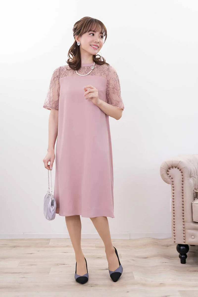 ピンクのレース切替テントラインドレス