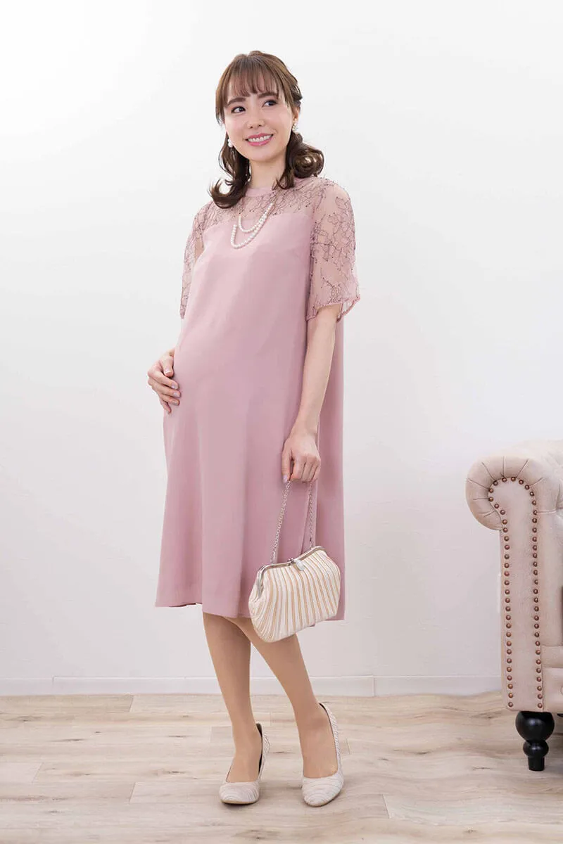 ピンクのレース切替テントラインドレス