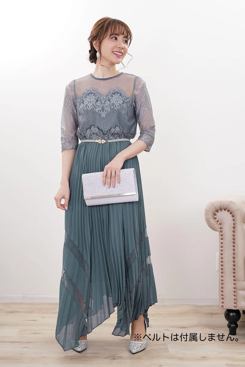 ブルーグリーンのレース袖アシンメトリードレス