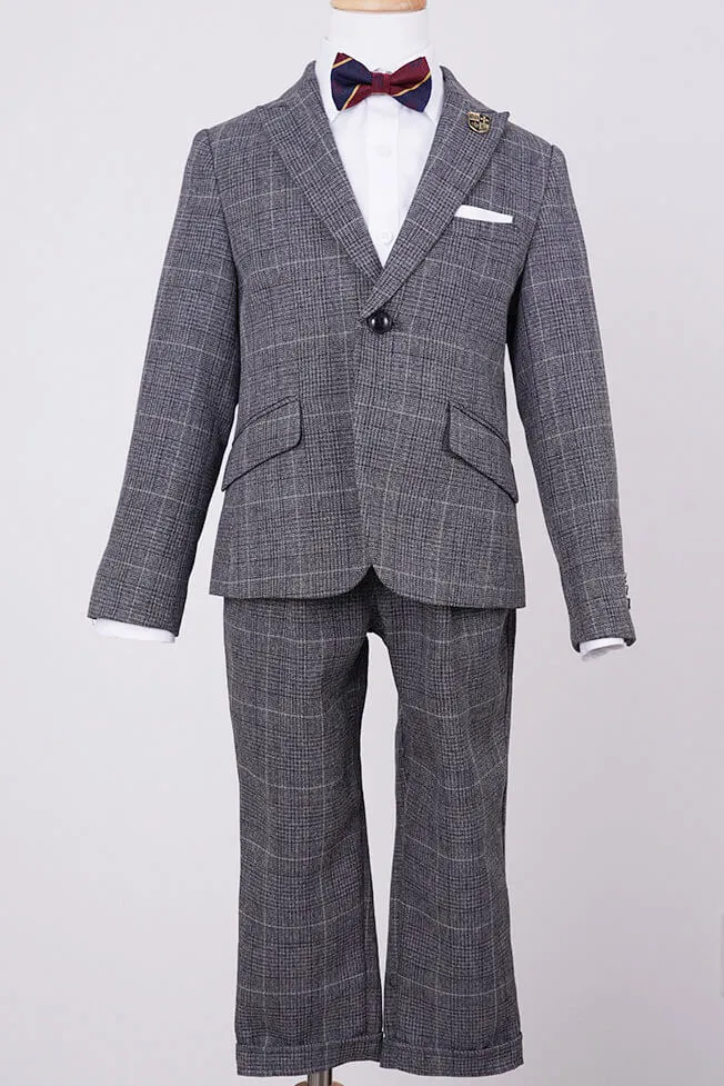 グレーのチェック柄ボウタイ付きキッズフォーマルセット