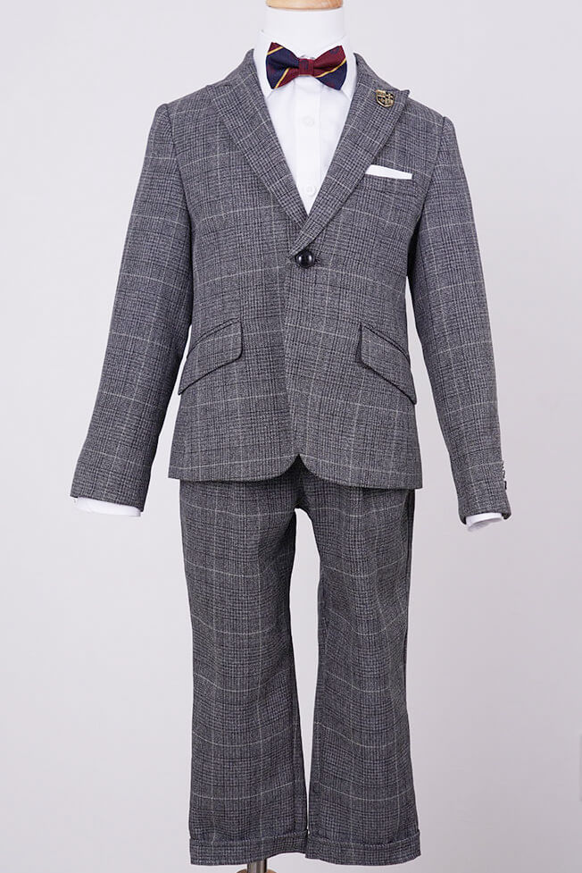 グレーのチェック柄ボウタイ付きキッズフォーマルセット