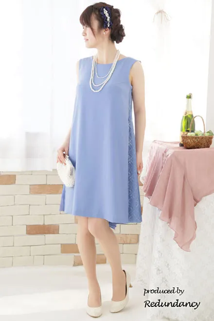 ブルーのY字バックフリルレース切替ドレス