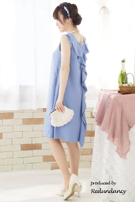 ブルーのY字バックフリルレース切替ドレス