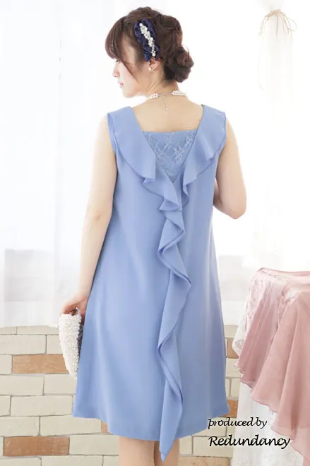 ブルーのY字バックフリルレース切替ドレス