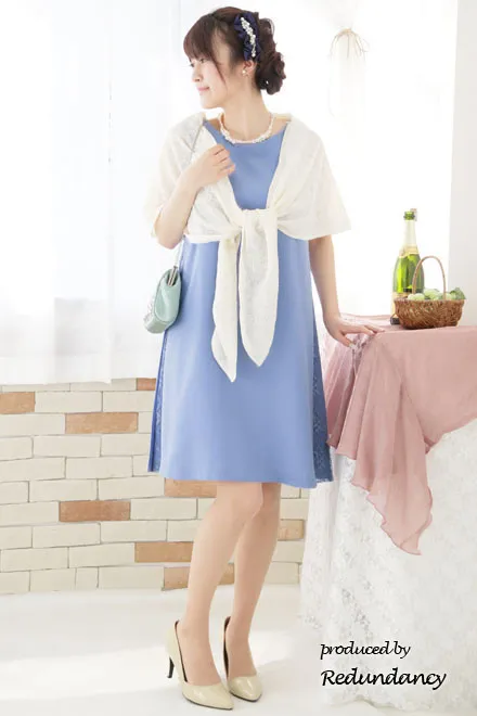 ブルーのY字バックフリルレース切替ドレス