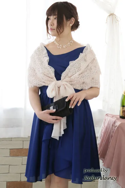 ブルーのドレープネック膝丈Aラインドレス