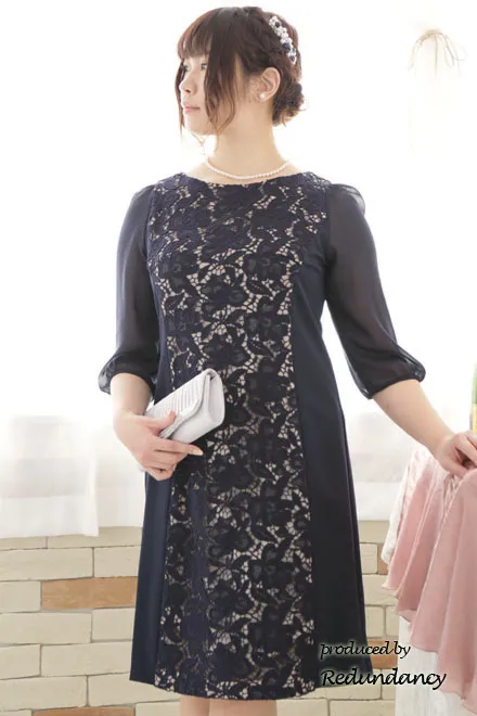 ネイビー×ベージュの花柄レース七分袖ドレス