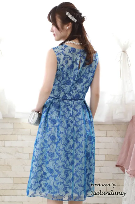 ブルーのオーガンジー刺繍ドレス