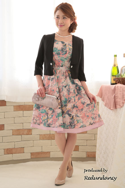 ピンクの油彩風花柄ドレスミディ丈ドレス