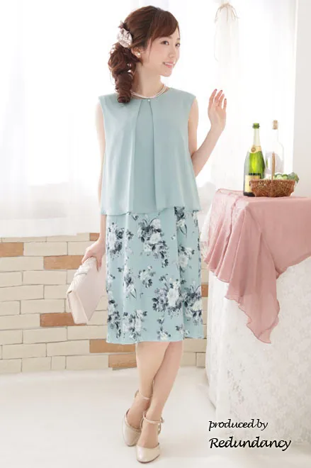 ミントグリーンのシフォントップス付き花柄ドレス