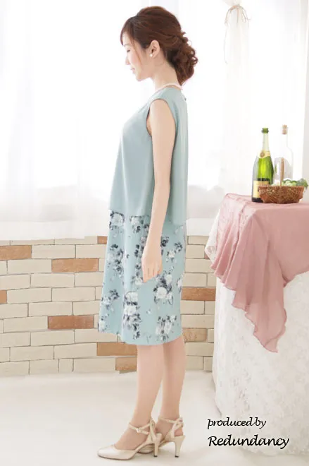 ミントグリーンのシフォントップス付き花柄ドレス