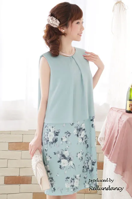 ミントグリーンのシフォントップス付き花柄ドレス