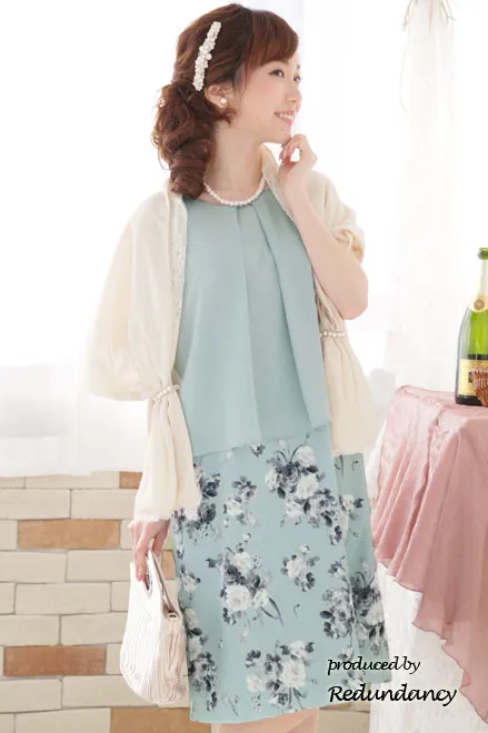 ミントグリーンのシフォントップス付き花柄ドレス