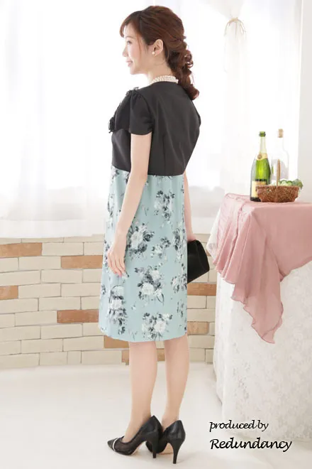 ミントグリーンのシフォントップス付き花柄ドレス