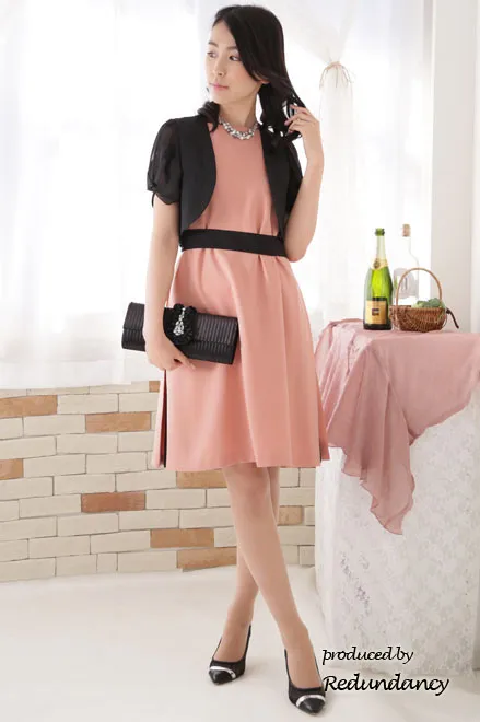 サーモンピンク×ブラックのスリット切替ドレス