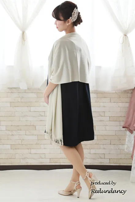 ネイビーのレース切替バックリボンドレス