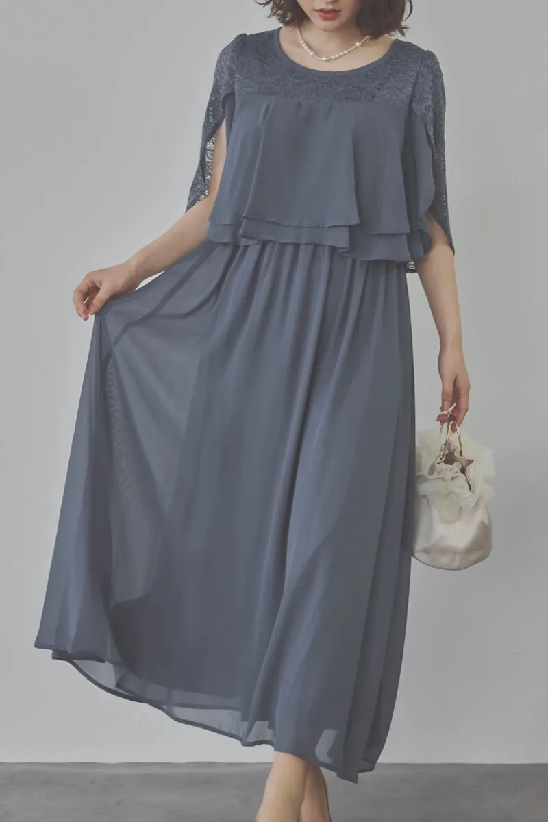 グレイッシュブルーの授乳口付スリットスリーブドレス