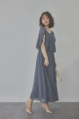 グレイッシュブルーの授乳口付スリットスリーブドレス