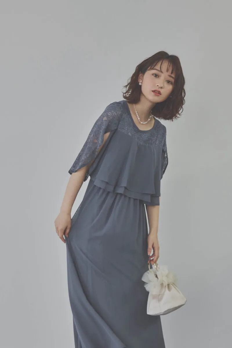 グレイッシュブルーの授乳口付スリットスリーブドレス